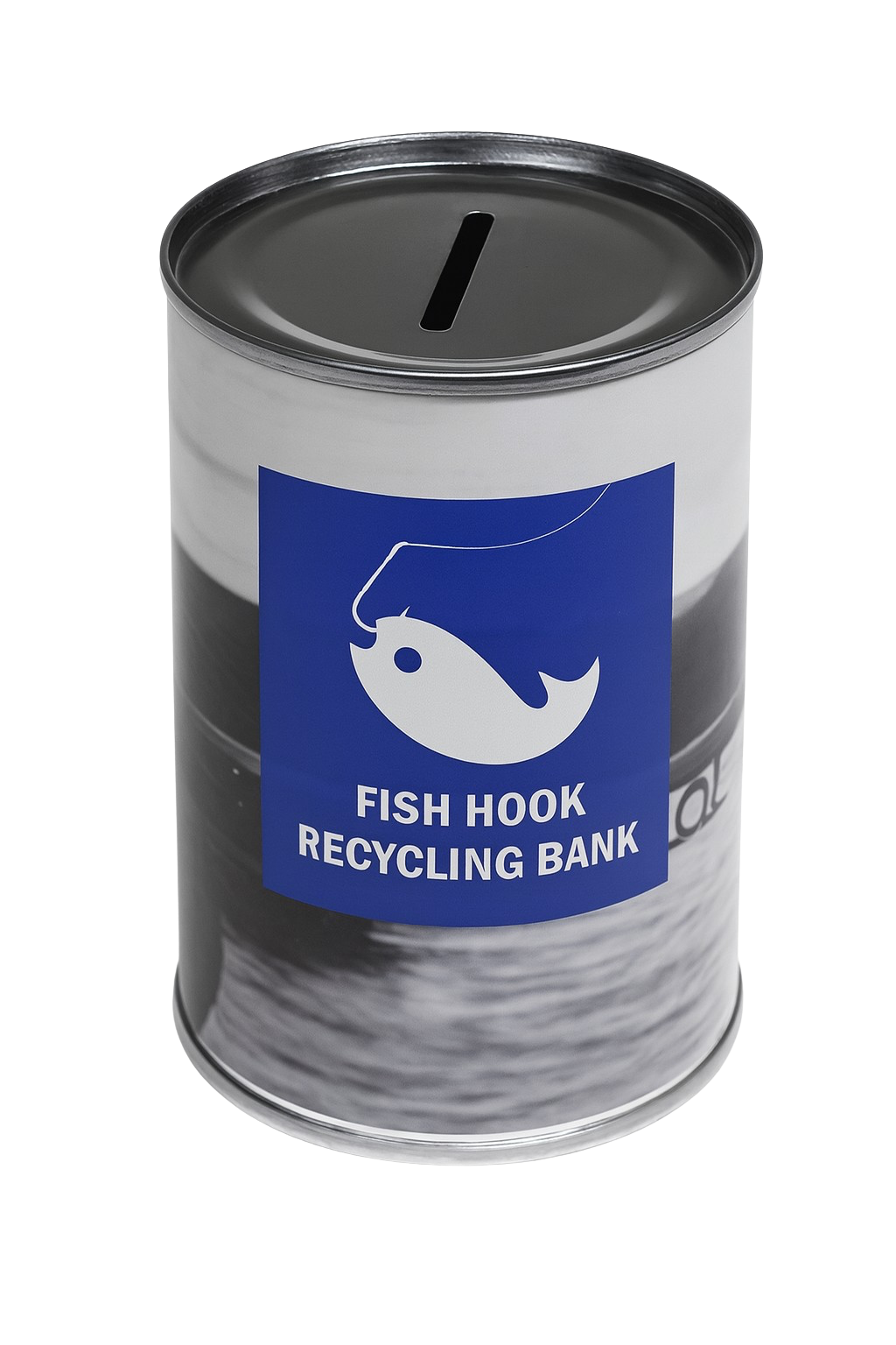 Fish Hook Recycling Bank tin with safety and disposal guidance label